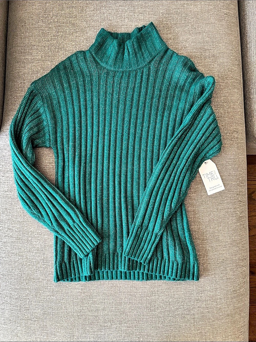 Time and Tru High Neck Sweater Ribbed Green Size XS